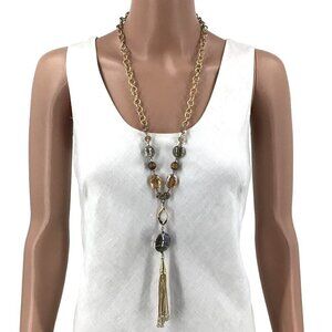 Long Tassel Necklace Gold Tone Glass Beads AB Beaded Adjustable Length Boho